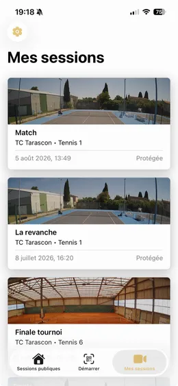 Liste « Mes sessions » dans l'app FYLD, avec les onglets sessions publiques, démarrer et mes sessions.